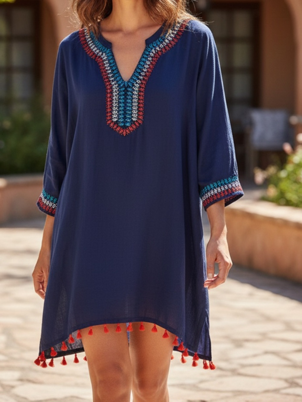 Hatley Navy Bev Midi Dress Tunic with Red & Teal Embroidery